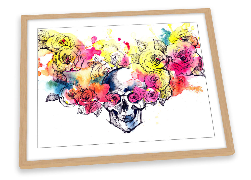 Skull Floral Flowers Multi-Coloured Framed