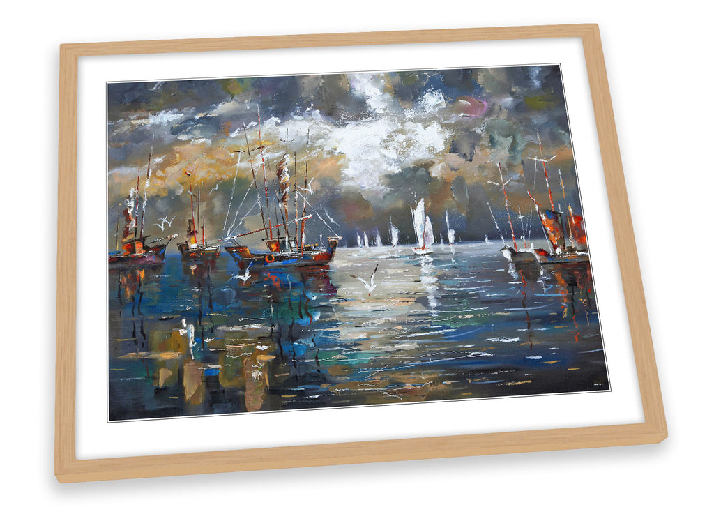 Stormy Sail Boats Harbour Multi-Coloured Framed