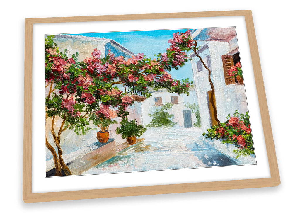 Mediterranean Village Floral Multi-Coloured Framed