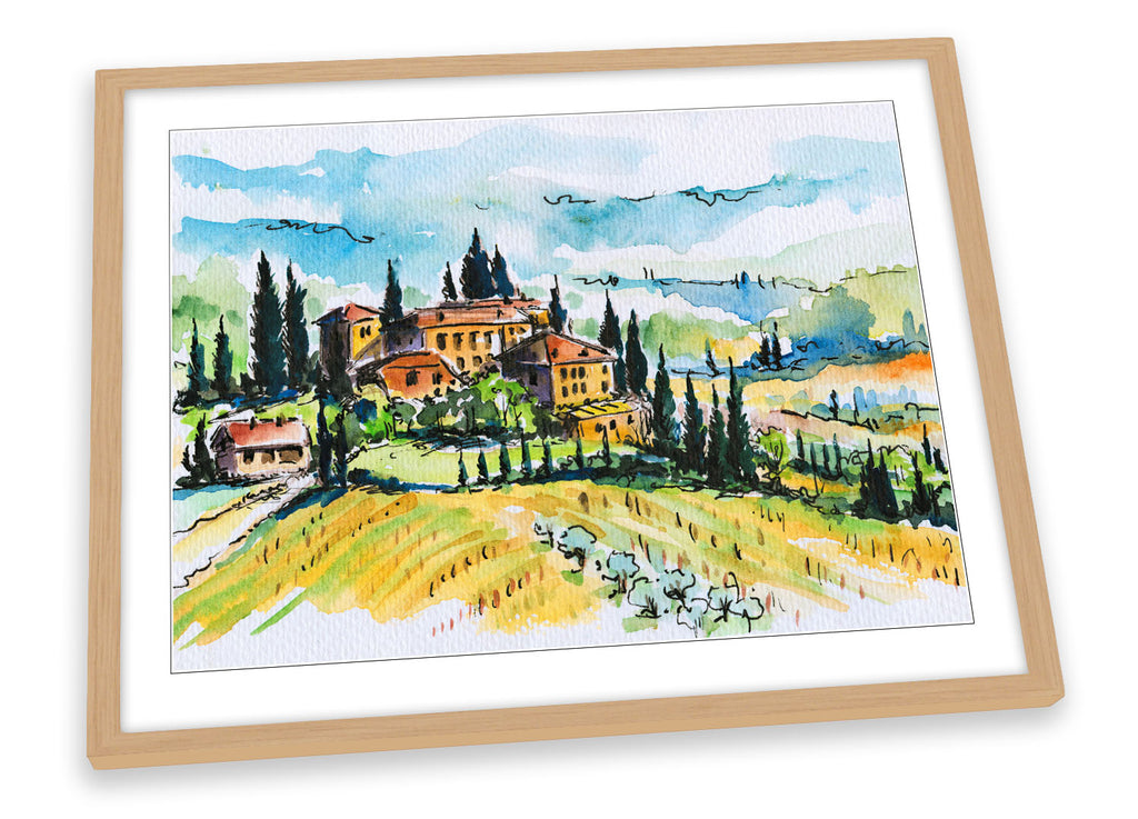 Tuscany Village Watercolour Multi-Coloured Framed