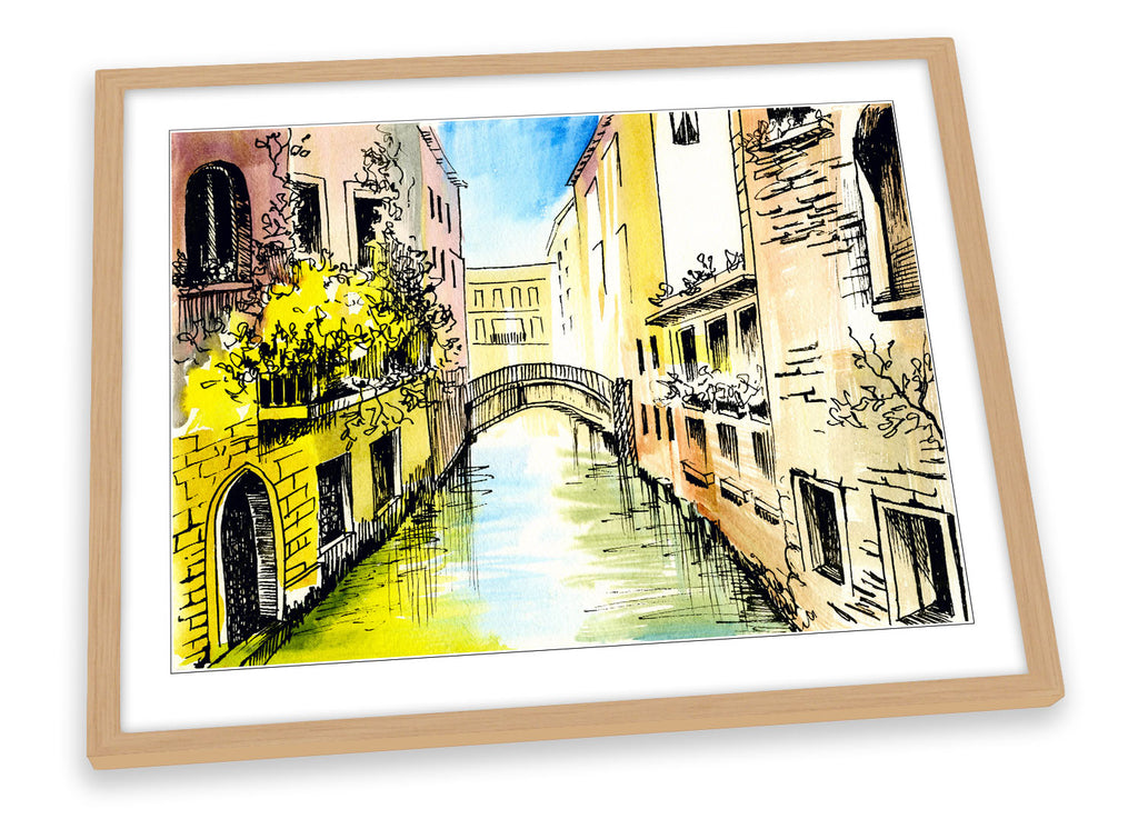 Venice Canal Bridge Illustration Multi-Coloured Framed