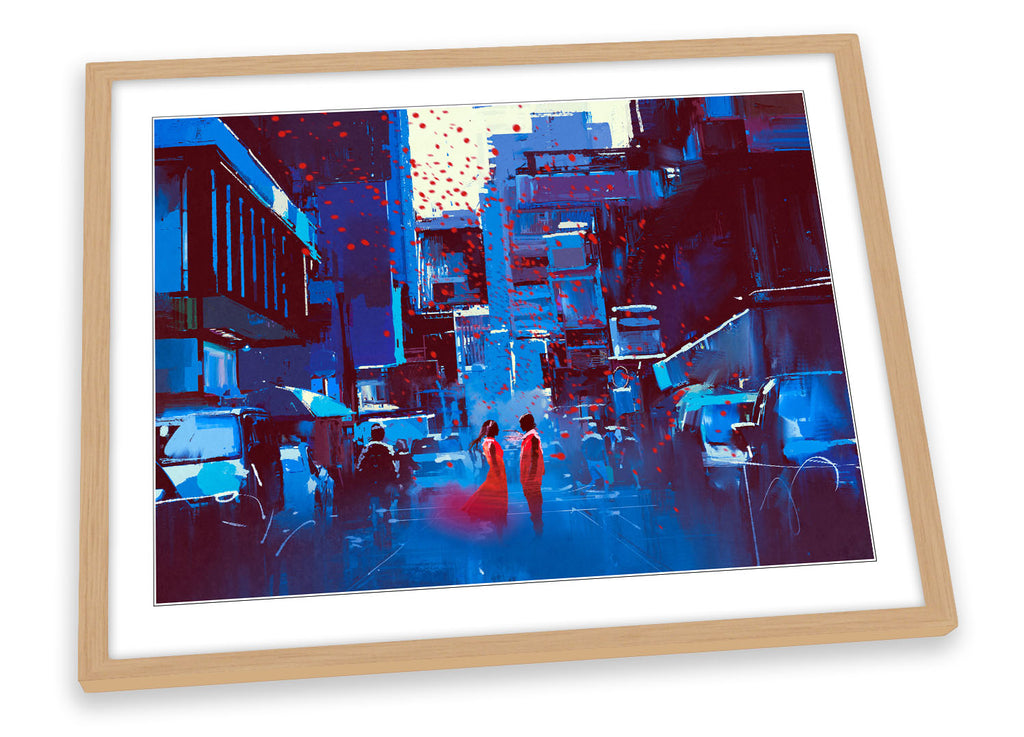 City Life Streets Red Couple Blue Framed