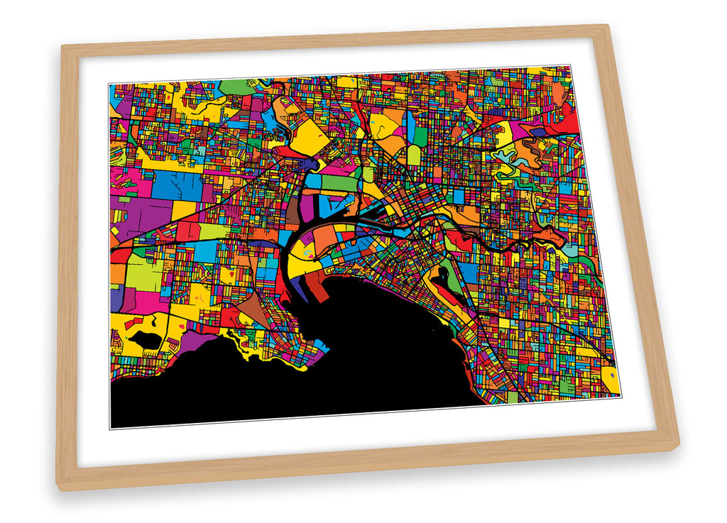 Melbourne City Modern Map Multi-Coloured Framed