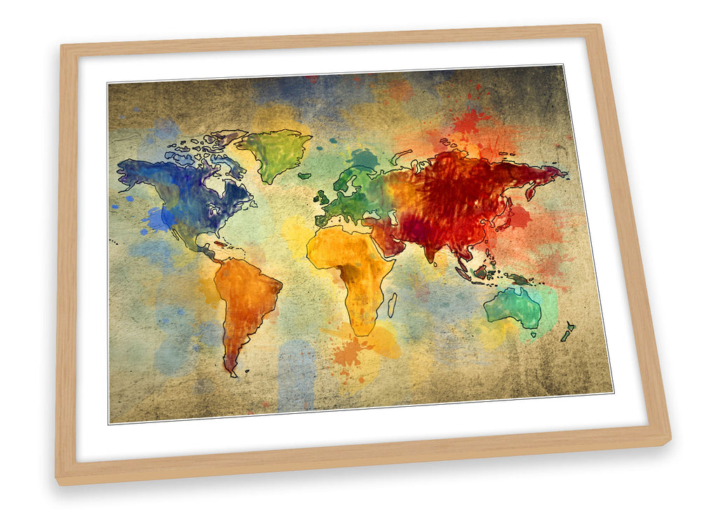 Map World Grunge Multi Colour Framed