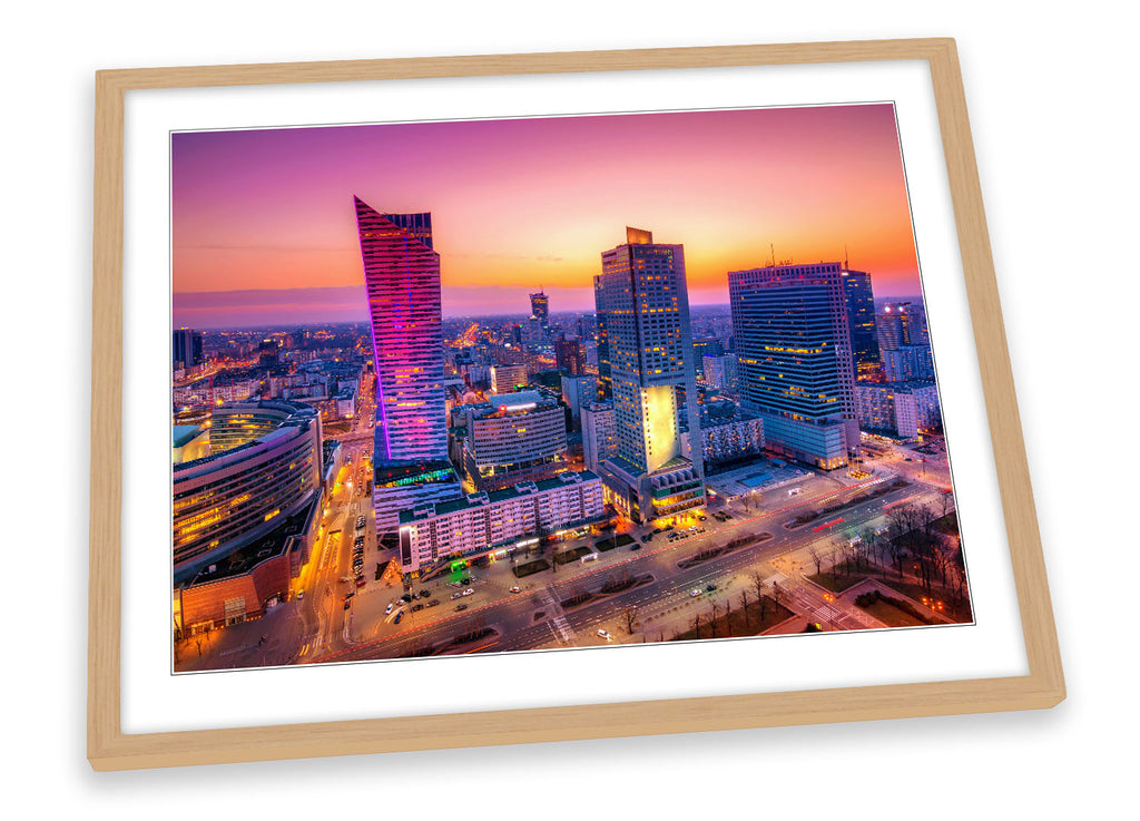 Warsaw City Skyline Poland Pink Framed