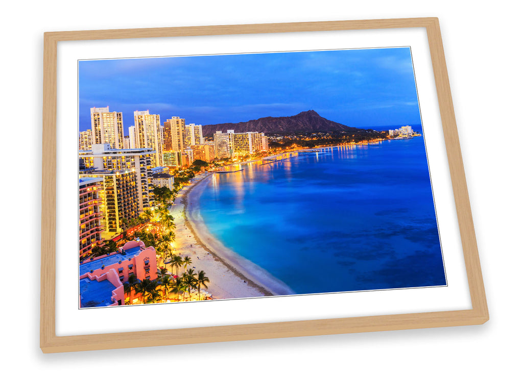 Honolulu Hawaii Skyline Blue Framed