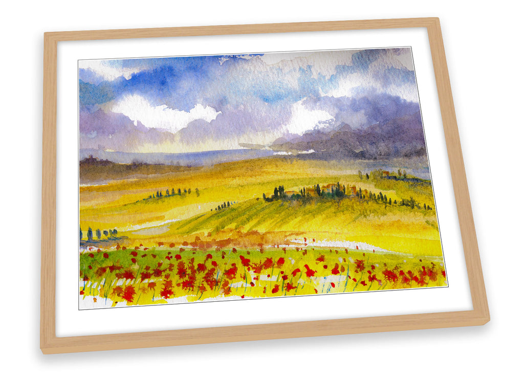 Red Poppies Landscape Watercolour Framed