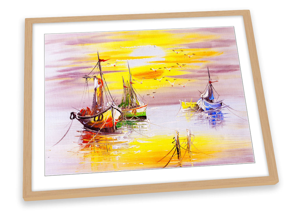Fishing Boats Sunset Yellow Framed