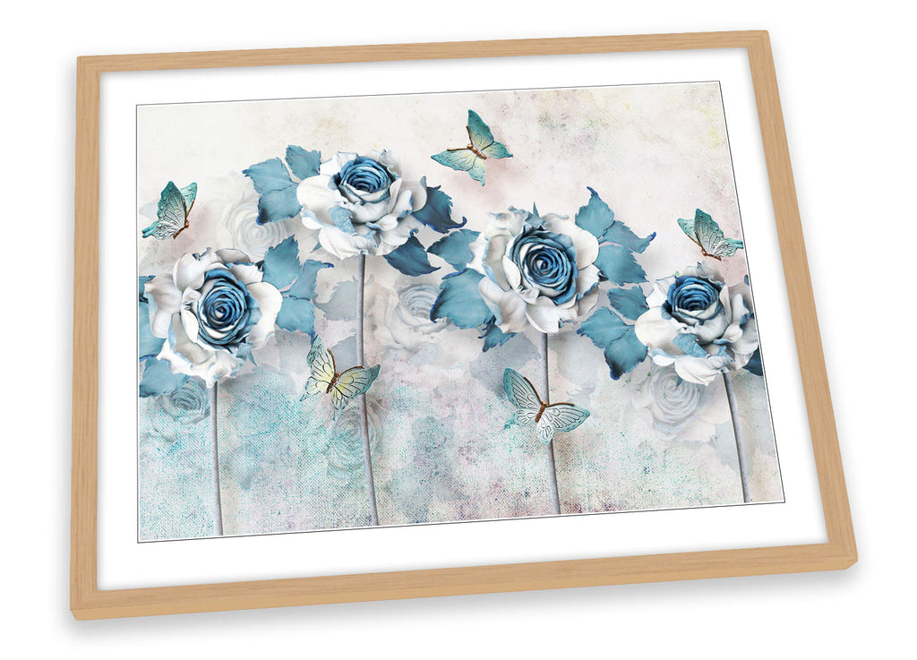 Butterfly Flowers Floral Blue Framed