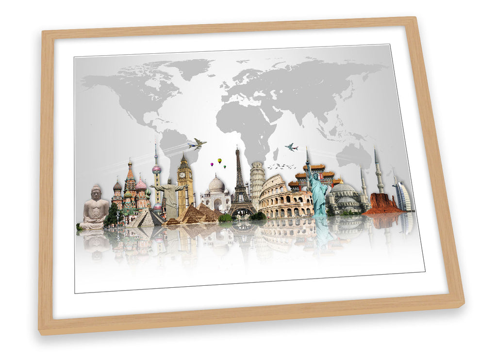 Famous Landmarks World Map Framed
