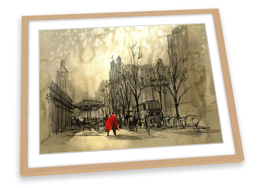 Couple in Red Street City Sketch Brown Framed