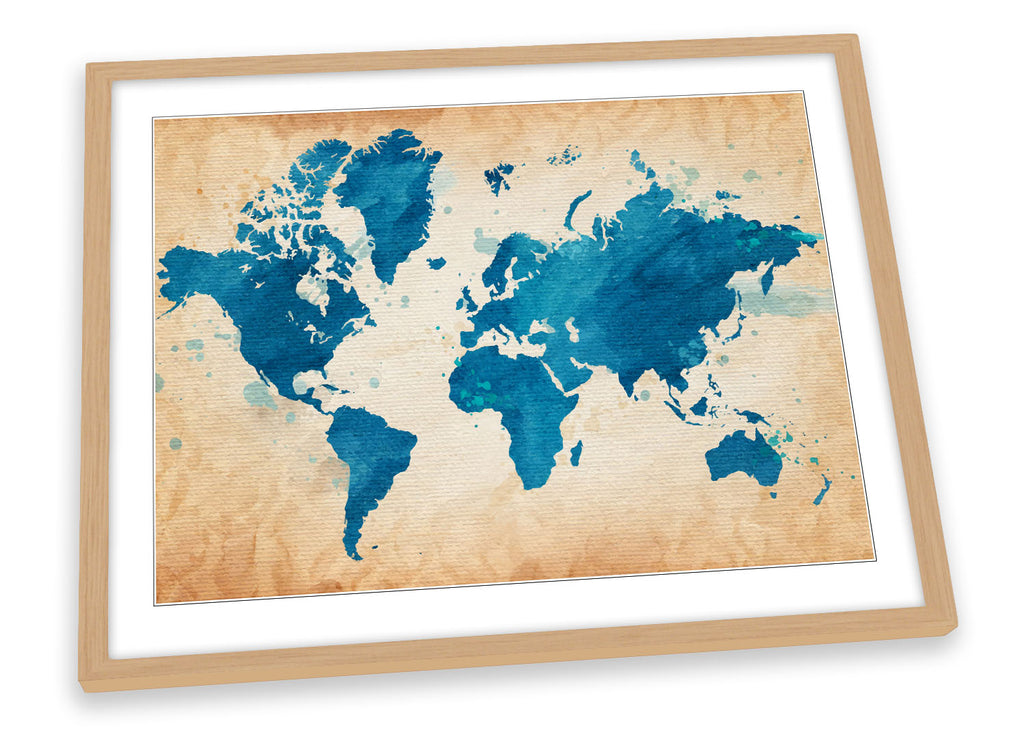 Map World Blue Grunge Framed