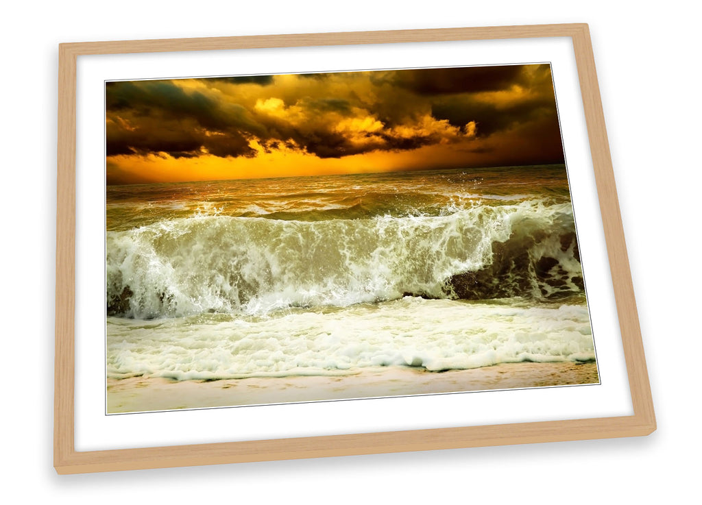Stormy Beach Wave Sunset Framed