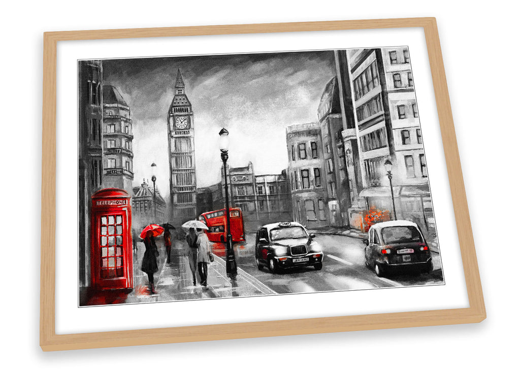 London Red Umbrella Cityscape Grey Framed