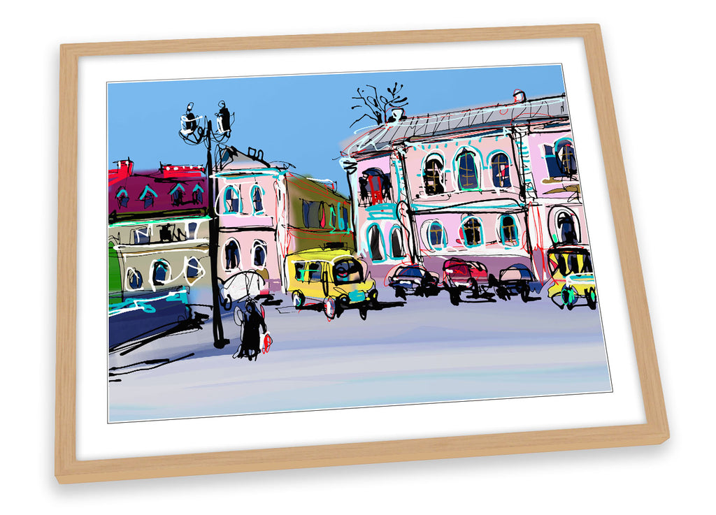 Ukraine Old Town City Sketch Blue Framed