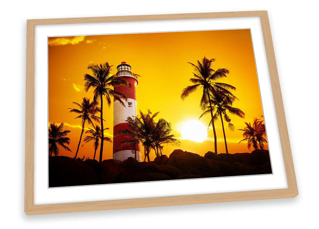 Lighthouse Palm Trees Sunset Orange Framed
