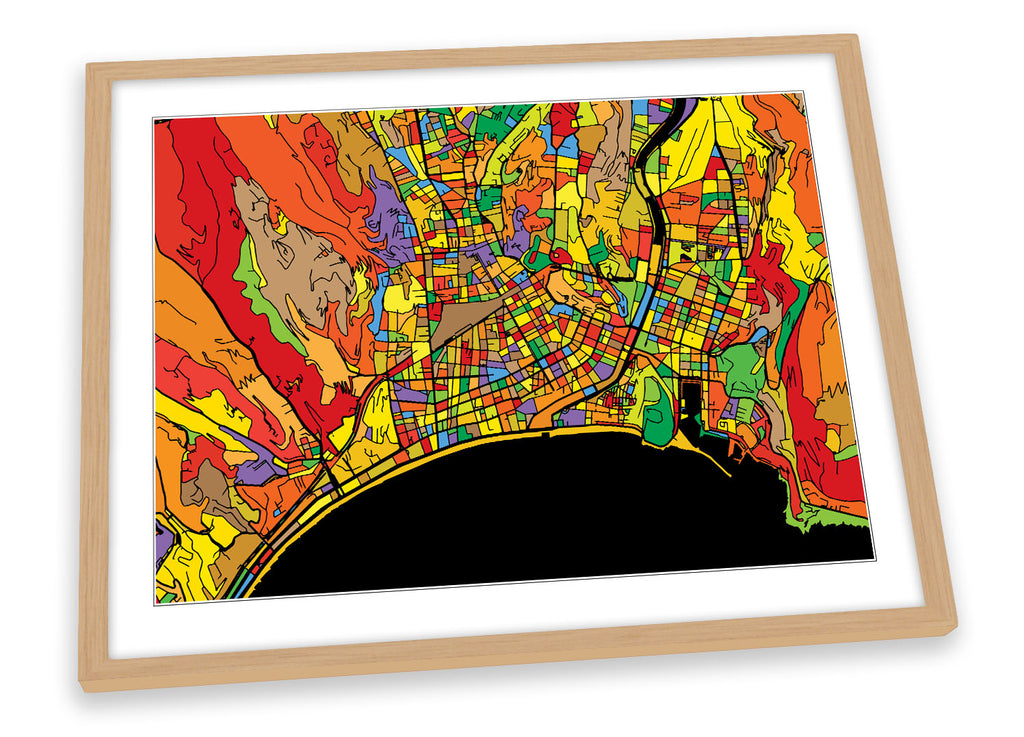 Nice France City Modern Map Multi-Coloured Framed