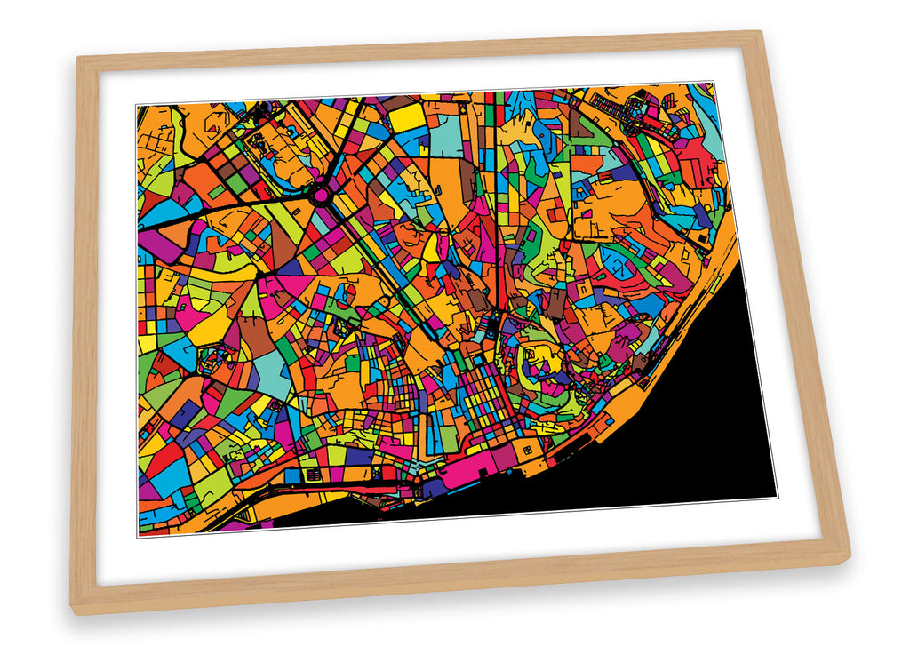 Lisbon City Modern Map Multi-Coloured Framed