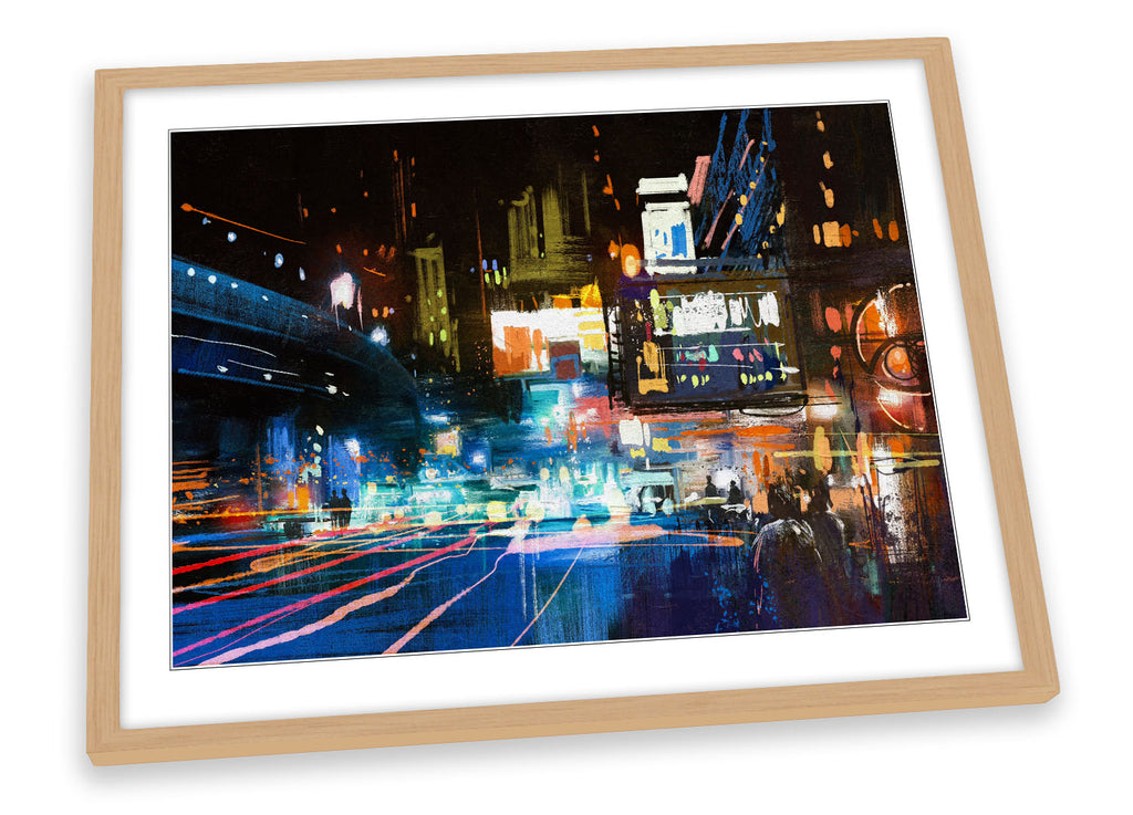 Modern Urban City Life Night Multi-Coloured Framed