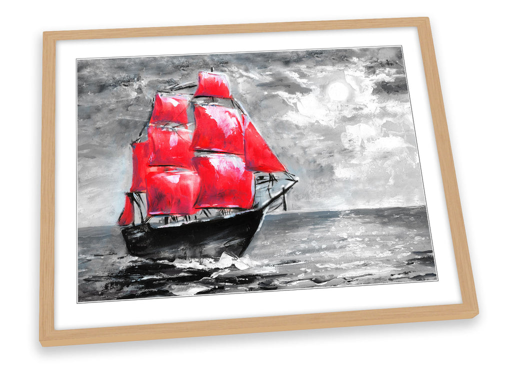 Red Sail Boat Seascape Repro Framed