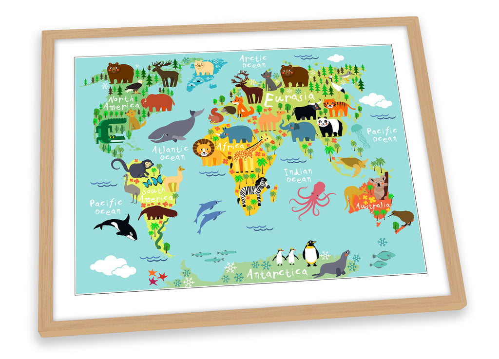 World Map Kids Animals Blue Framed