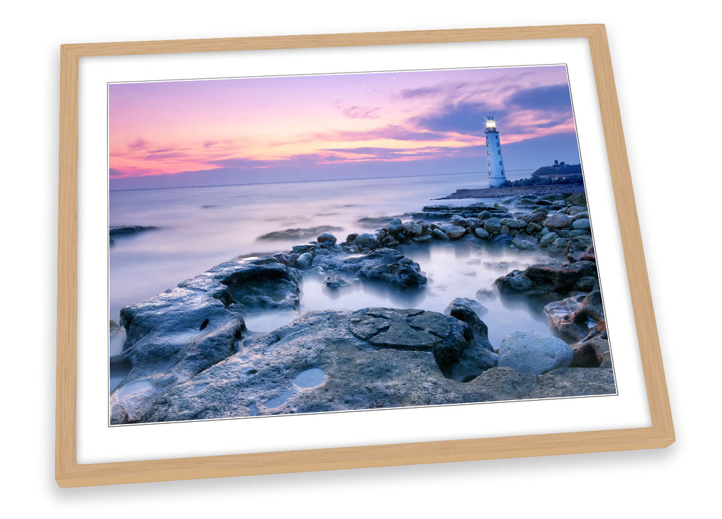 Lighthouse Sunset Seascape Pink Framed