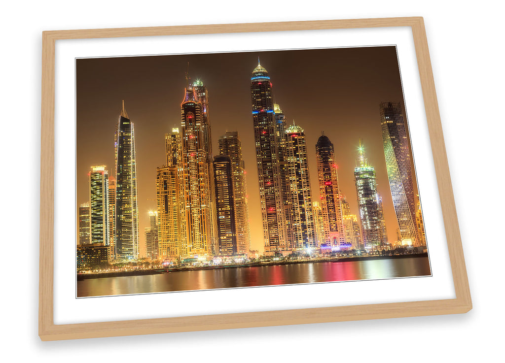 Dubai Skyline Brown Night Framed