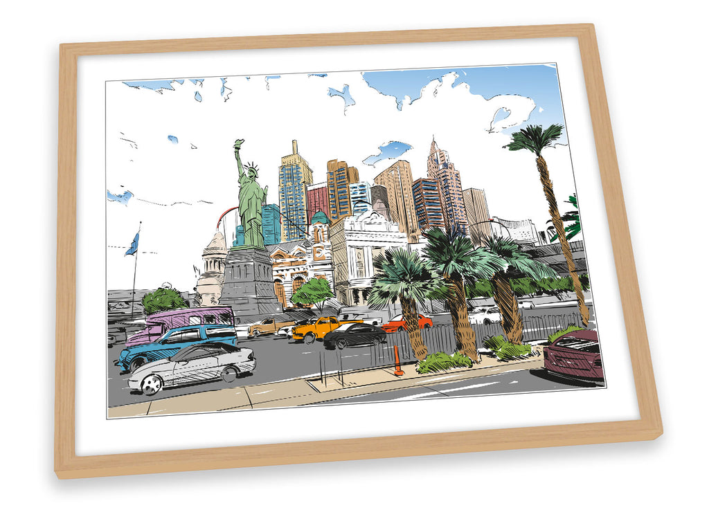 Las Vegas City Sketch Modern Multi-Coloured Framed