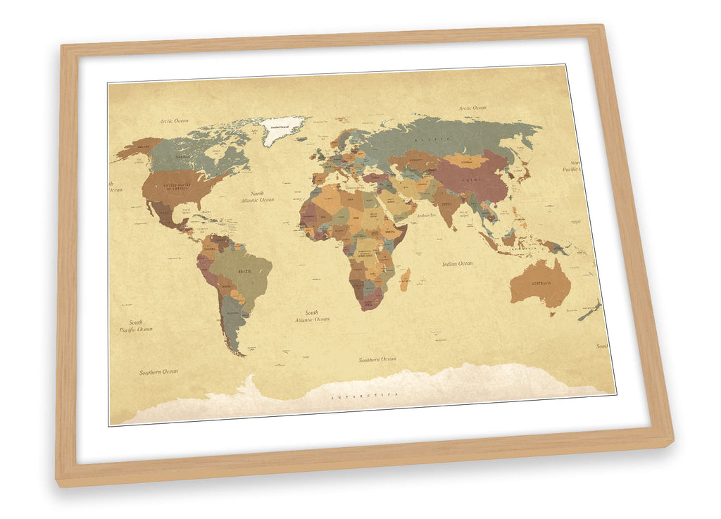 Map of the World Beige Framed