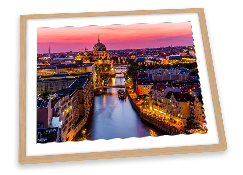 Berlin City Skyline River Pink Framed