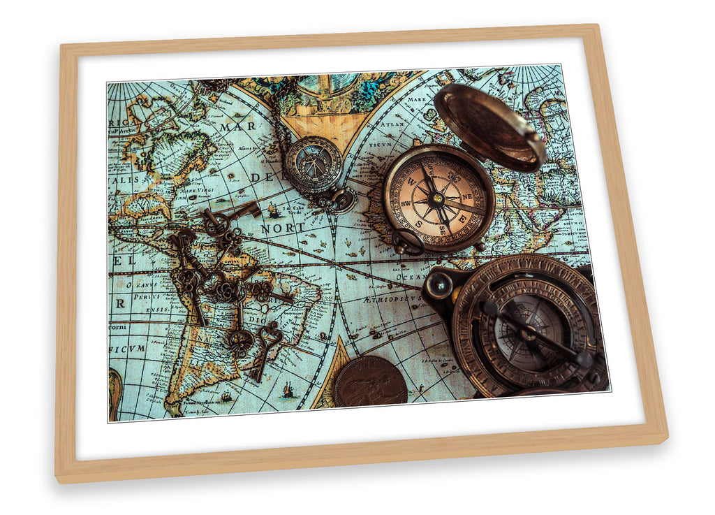 Vintage Map World Compass Blue Framed