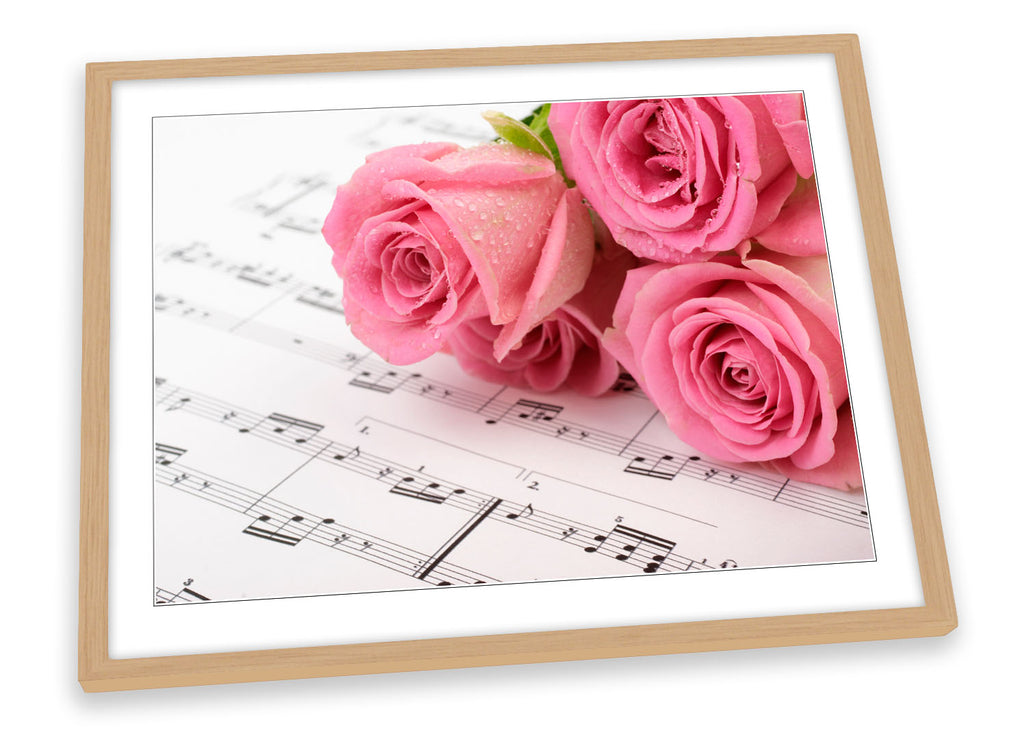 Pink Rose Flowers Music Notes Framed