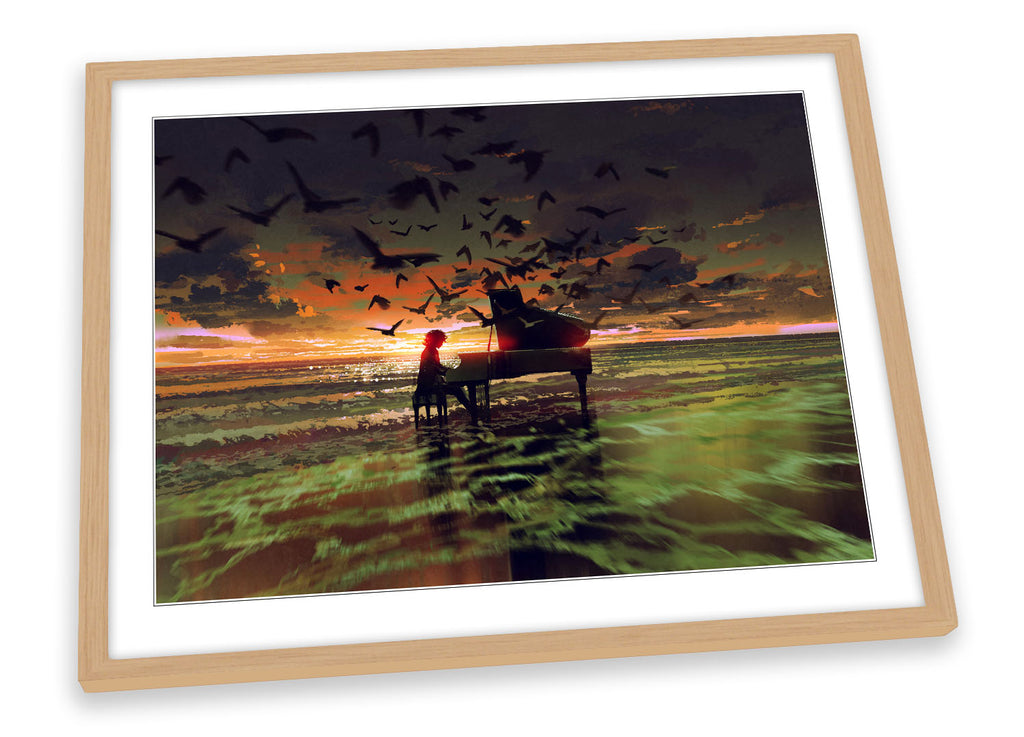 Music Piano Birds Sunset Beach Framed