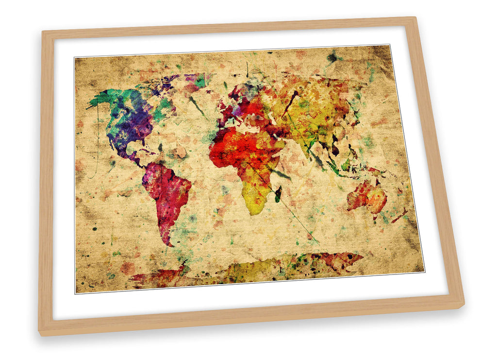 Map of the World Watercolours Grunge Framed