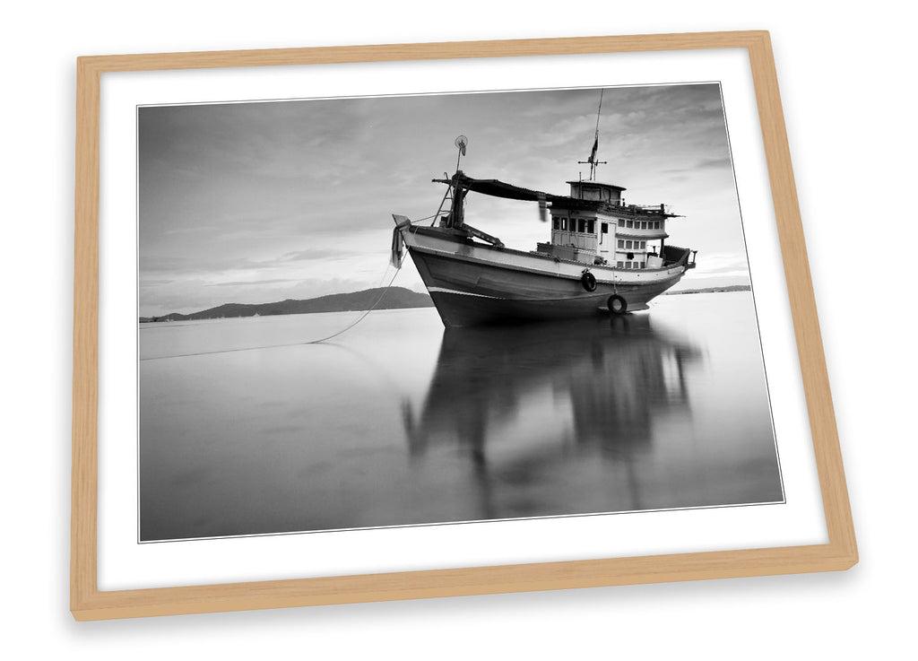 Fishing Boat Sunset Seascape B&W Framed