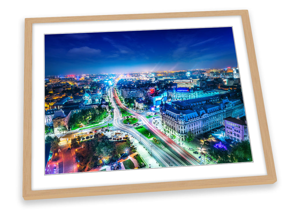 Bucharest City Skyline Blue Framed