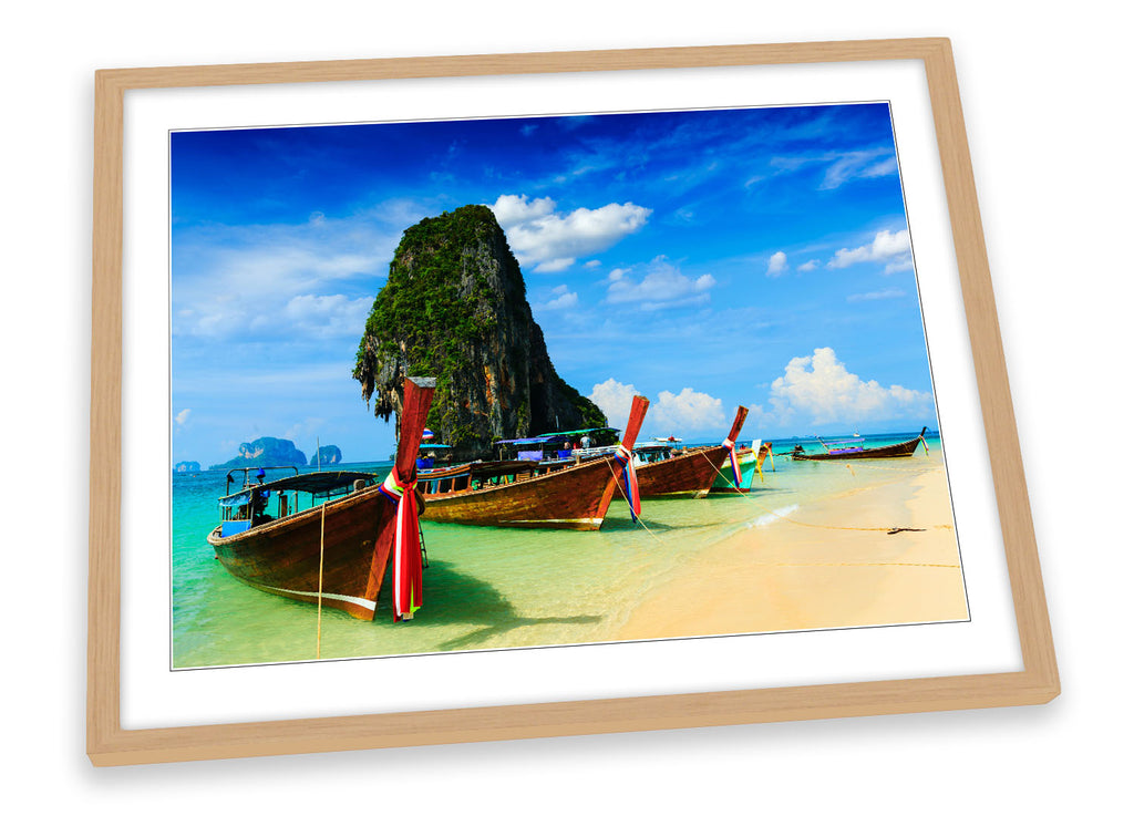 Long Boats Beach Thailand Blue Framed