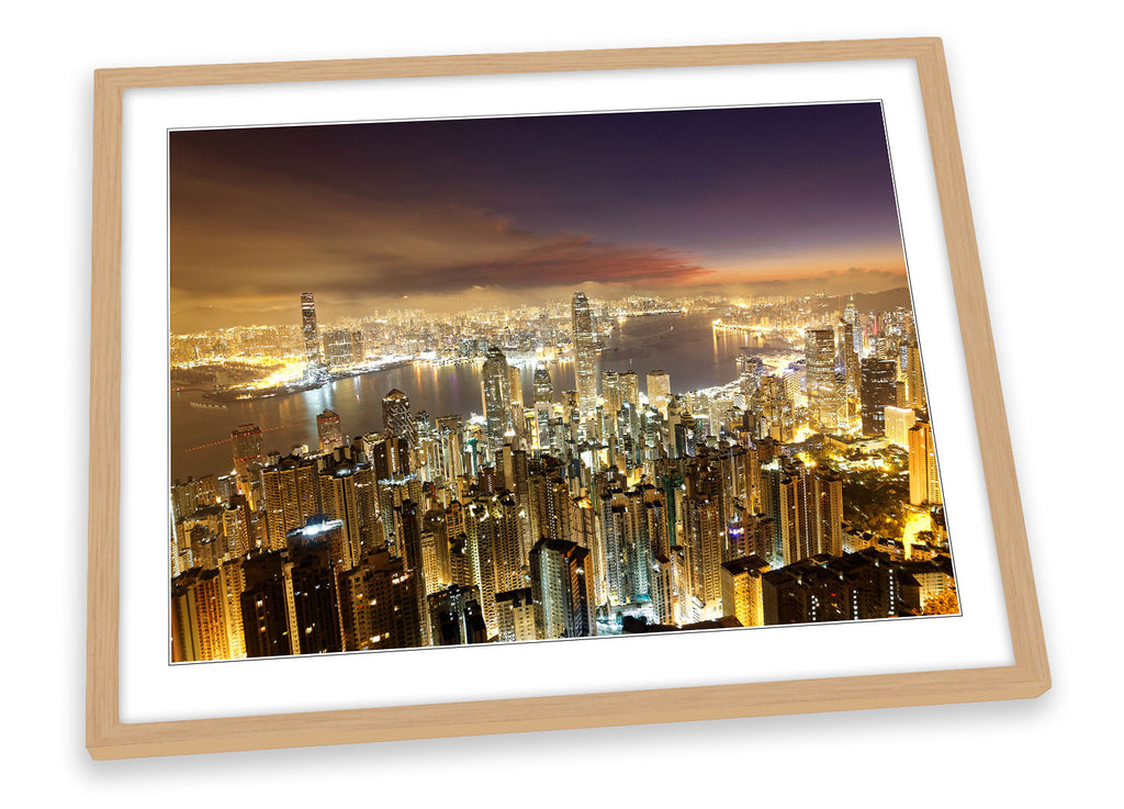 Hong Kong City Night Skyline Brown Framed