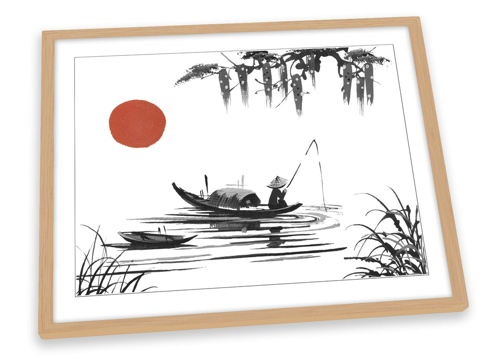 Japanese Fishing Boat Lake Framed