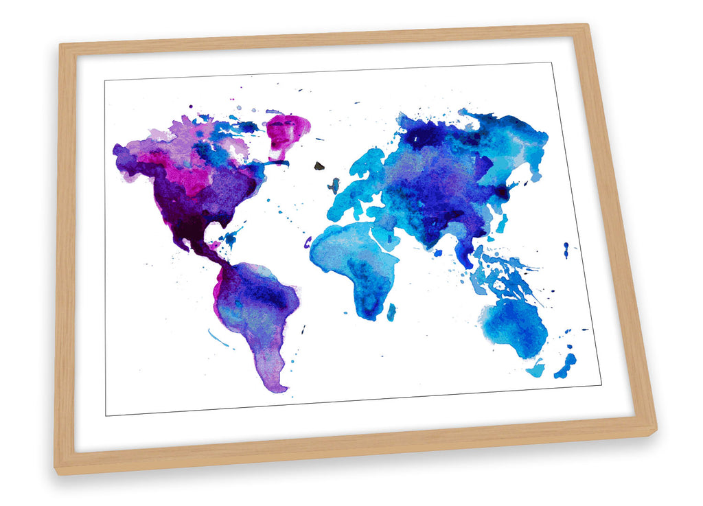 World Map Watercolour Blue Framed