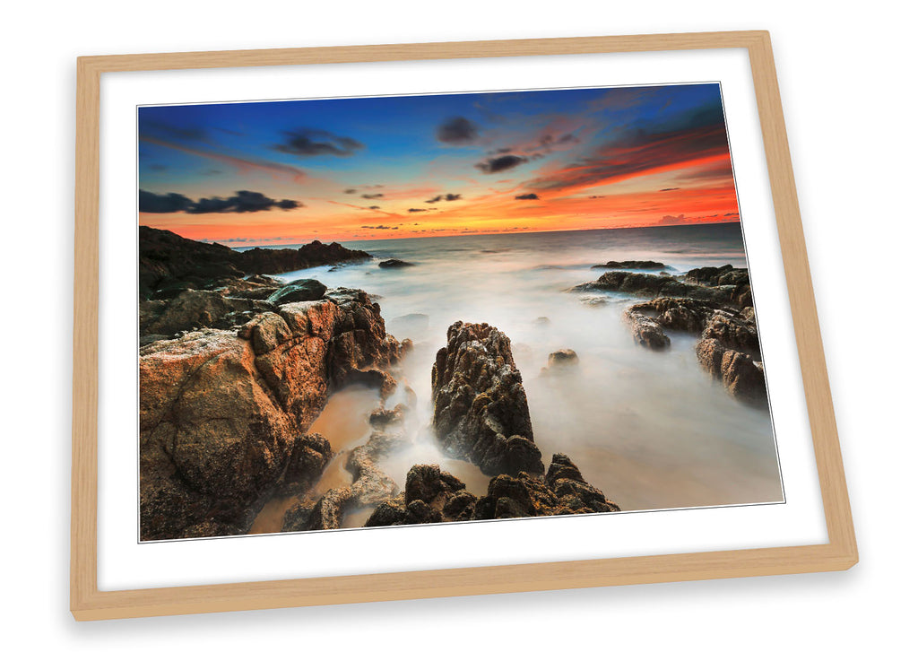Sunset Rocks Beach Orange Framed