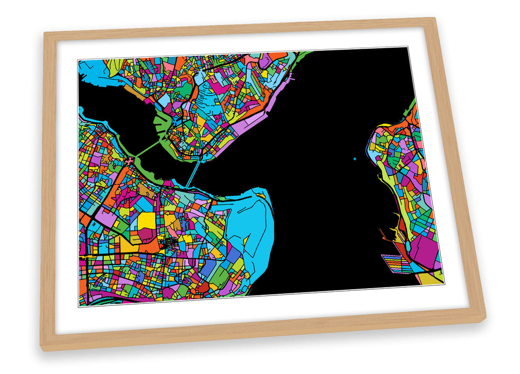 Istanbul City Modern Map Multi-Coloured Framed