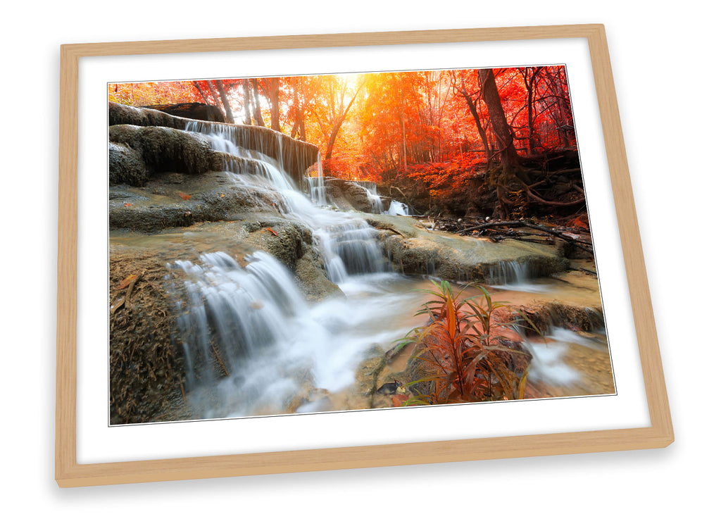 Forest Waterfall Sunset Red Framed