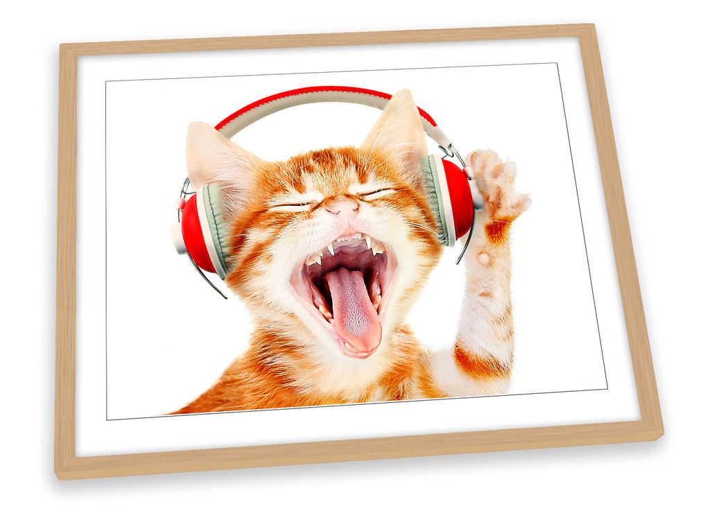 Cat Headphones Music Orange Framed