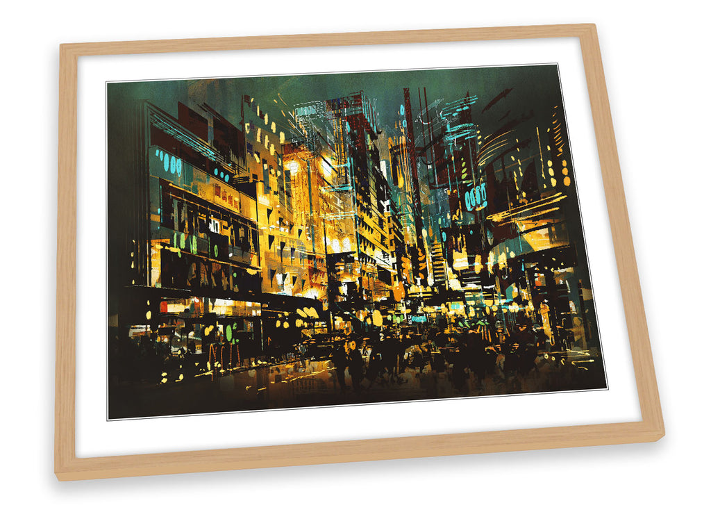Street Abstract City Life Night Multi-Coloured Framed