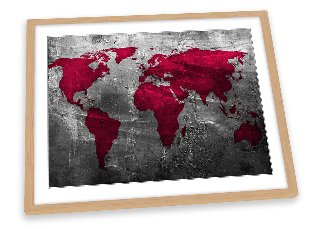 Map of World Grunge Red Framed