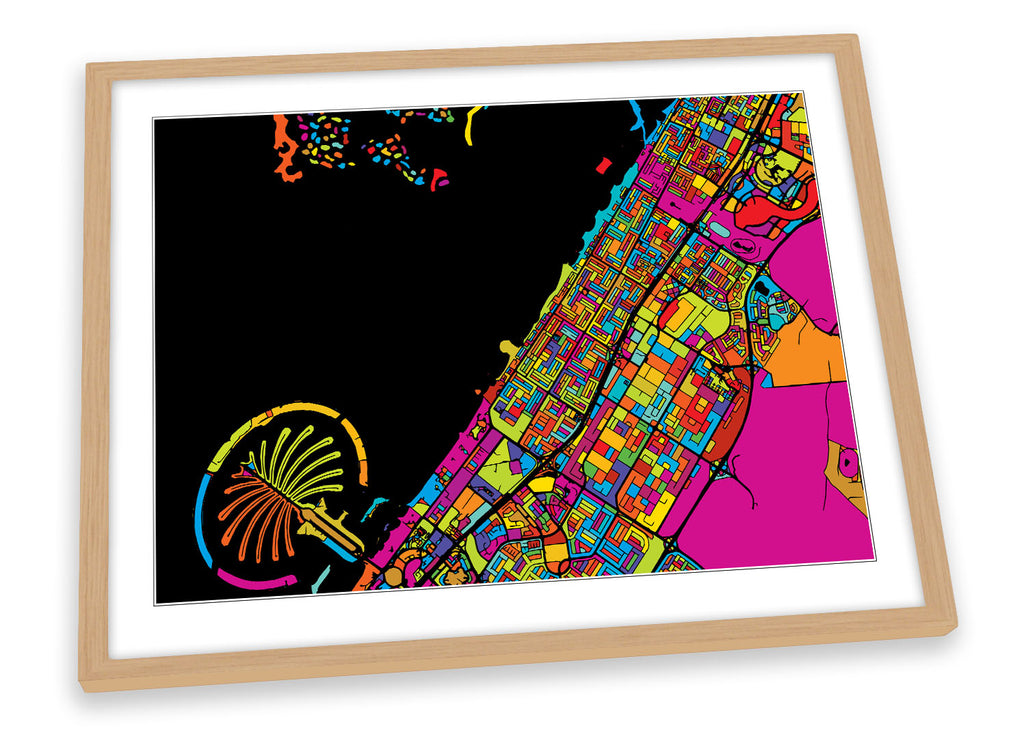Dubai City Modern Map Multi-Coloured Framed