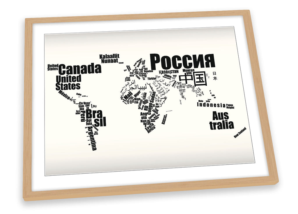 Map of World Typography Languages Framed