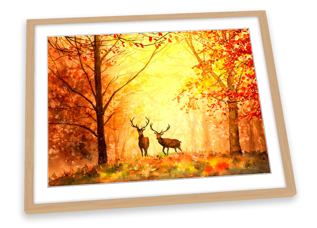 Stag Deers Forest Sunset Yellow Framed