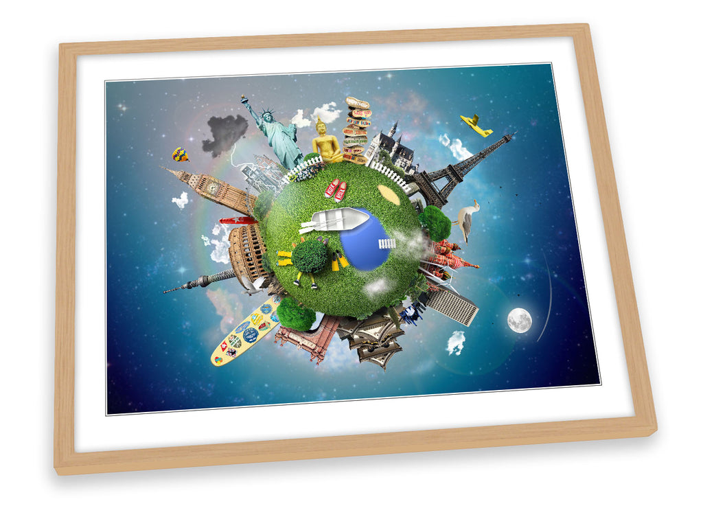 Travel Landmarks Planet Multi-Coloured Framed